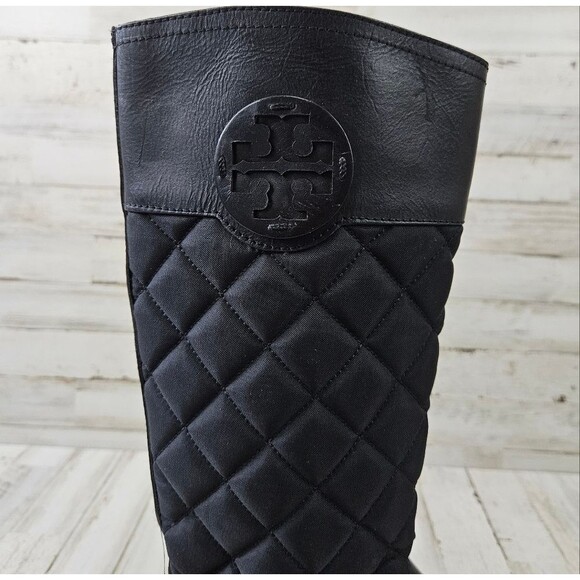 Tory Burch Rowan Solid Black Quilted Logo Tall Riding Boots Sz 5 - Picture 6 of 9